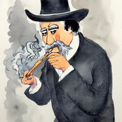 Image similar to portrait of old gray - haired smart mexican magician smoking a pipe, lots of smoke. watercolor with pancil by hugo pratt.