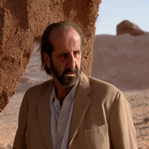 Prompt: movie still of peter stormare in the desert in djellaba, cinematic shot, close shot, natural light