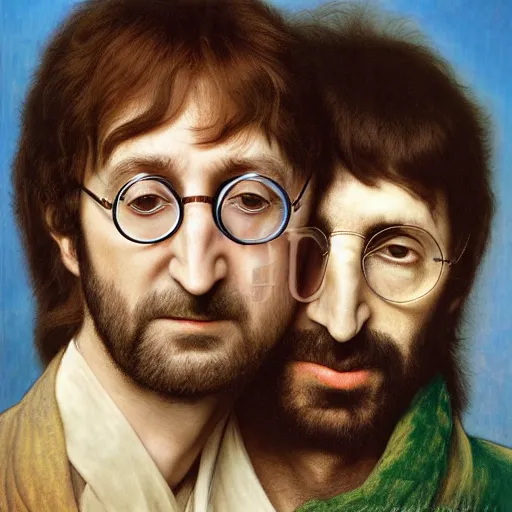 Prompt: ! dream portrait of john lennon and ringo starr, by giuseppe arcimboldo and paul barson and annie leibovitz and faith yata and artgerm and alphonse mucha, photorealistic, f 1. 8, soft lightning, high detail, 8 k