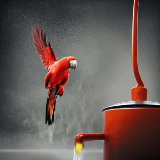 Prompt: parrot flying above the pot with boiling water, Soviet style kitchen background, realistic