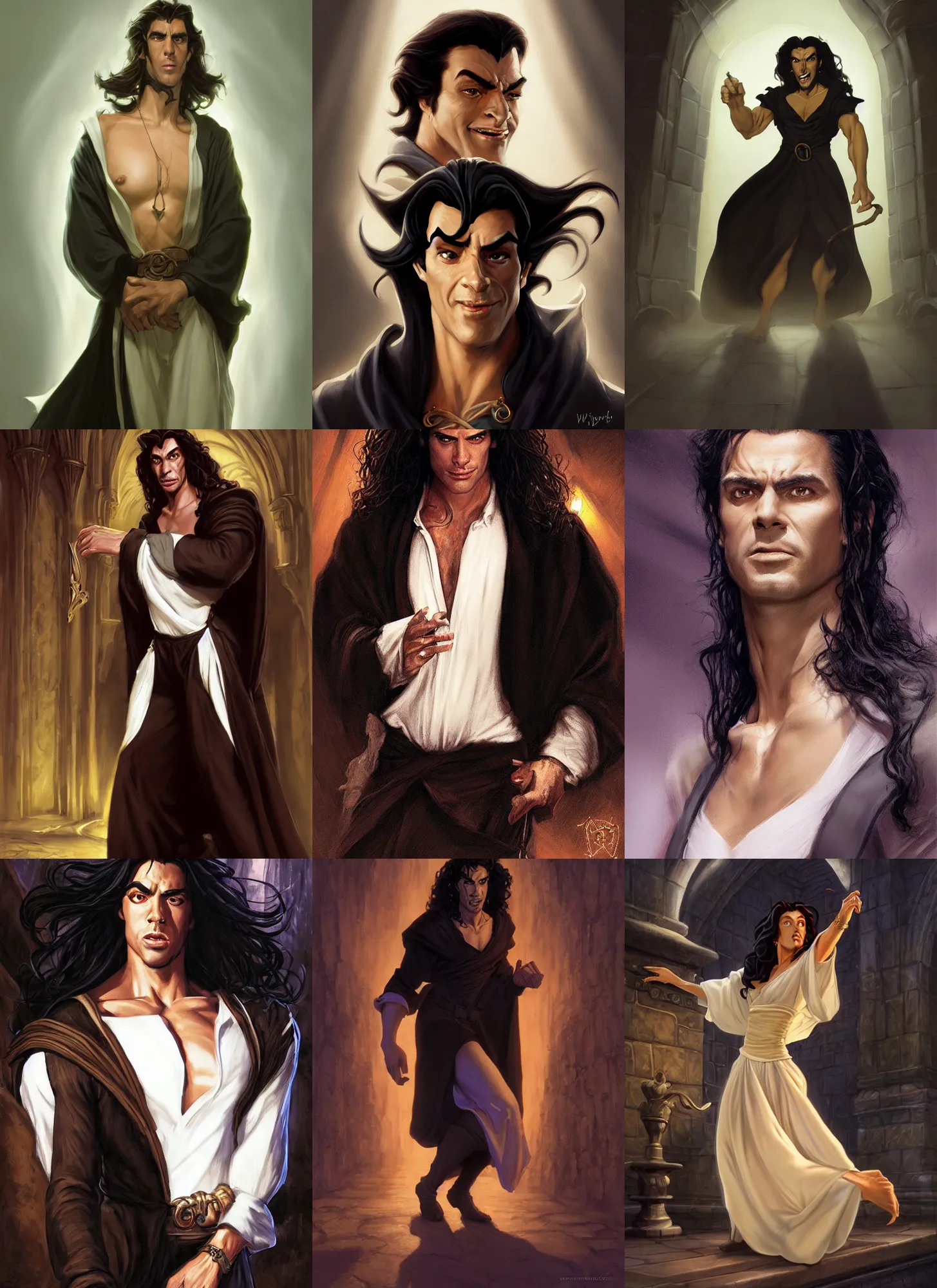 Prompt: a portrait of a male version of esmeralda from hunchback of notre dame, black elegant hair, white shirt, elegant clothing, handsome, full body, style by donato giancola, wayne reynolds, jeff easley dramatic light, high detail, cinematic lighting, artstation, dungeons and dragons