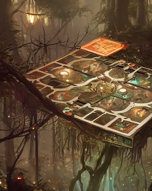 Prompt: tabletop game board, all illustrated with an enchanted forest , fantasy art, in the style of greg rutkowski, illustration, epic, fantasy, intricate, hyper detailed, artstation, concept art, smooth, sharp focus, ray tracing