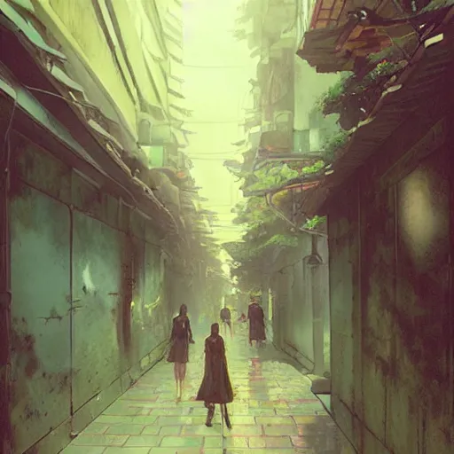 Image similar to an alley in singapore, art by greg rutkowski