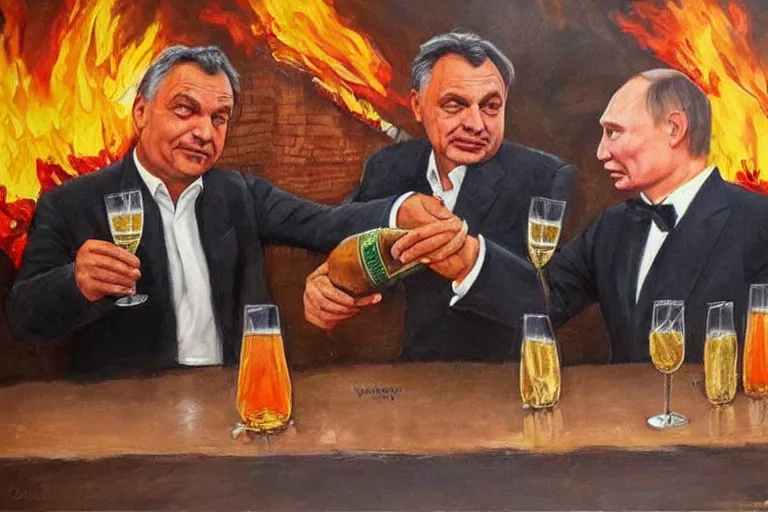 Image similar to viktor orban drinking champagne with putin in front a burning city, highly detailed face, oil painting