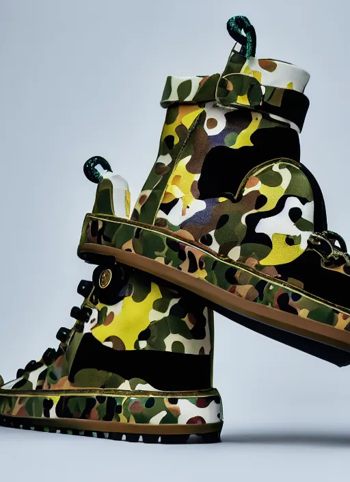 Image similar to hyperrealistic and heavy detailed product photo bape avant garde shoe of movie the fifth element, in front of white back drop, whole shoe is in picture, leica sl 2 5 0 mm, vivid color, high quality, high textured, real life