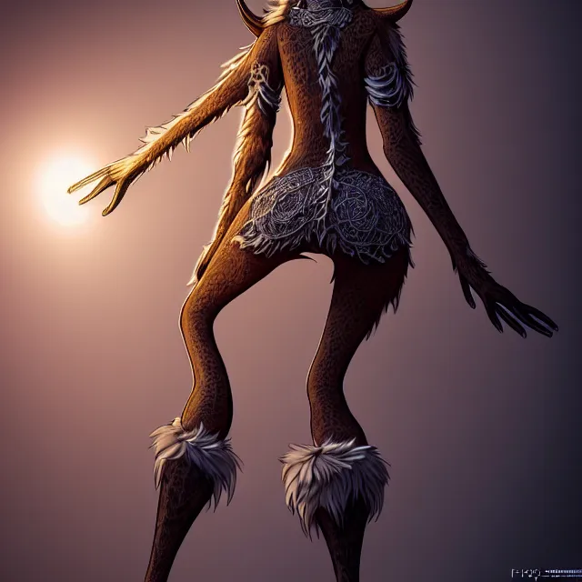 Image similar to the full body of anthropomorphic lynx fursona from behind wearing a steampunk suit as unimaginably beautiful, gorgeous, elegant, young woman with lynx head, an ultrafine hyperdetailed illustration by furaffinity, intricate linework, white fur, unreal engine 5 highly rendered, global illumination, radiant light, detailed and intricate environment