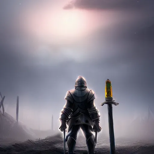 Prompt: A knight travelling through a desolate village as a sickly yellow light bleeds through the clouds, dark atmosphere, unreal engine, high details, illustration, 8k resolution