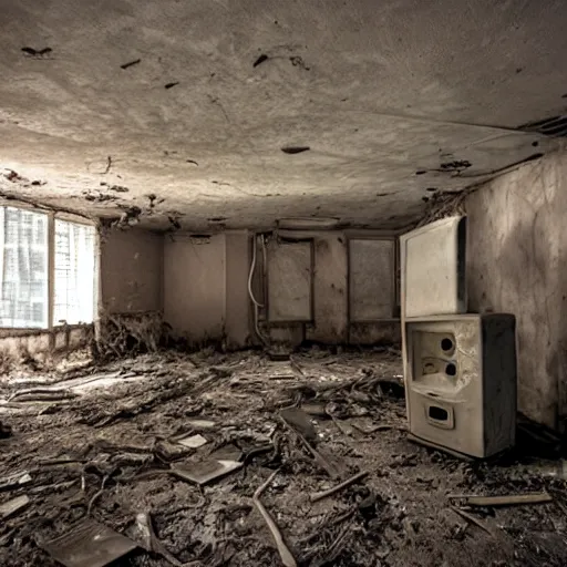 Image similar to abandoned room with old monitors inside, dark and dusty