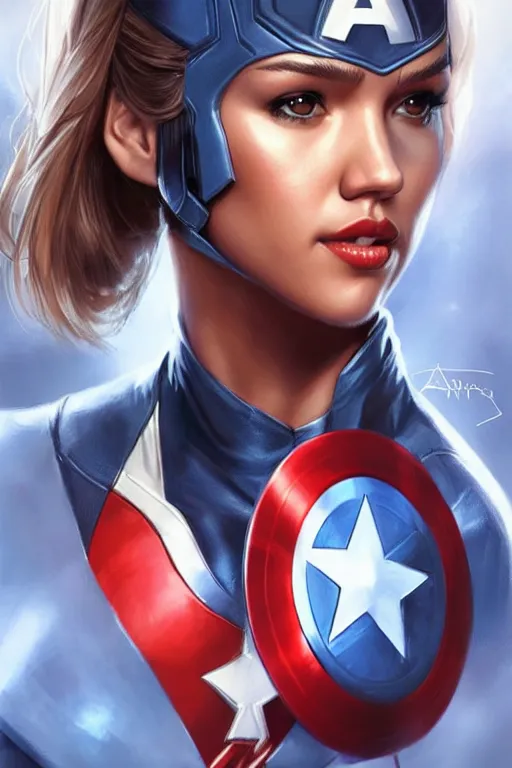 Image similar to jessica alba as captain america by artgerm, ross tran, wlop, masterpiece portrait