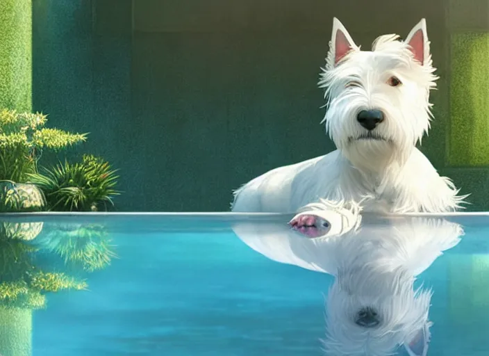 Image similar to short - haired west highland white terrier sitting by a pool, bright, reflections, intricate, sharp focus, lens flare, bloom, illustration, highly detailed, digital painting, concept art, matte, art by ruan jia and wlop and greg rutkowski, masterpiece