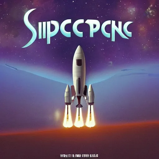 Image similar to spaceship album art, cover art, poster, rocket, queen, journey, starship band