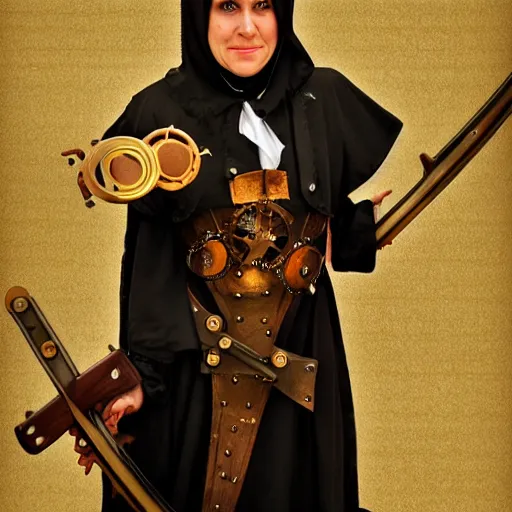 Prompt: photo of a steampunk nun warrior with holy weapons