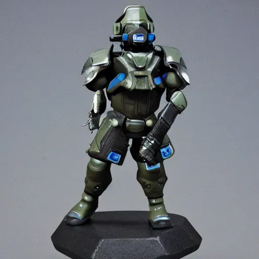 Image similar to a futuristic soldier captain with an armored visor and a blue shoulderpad