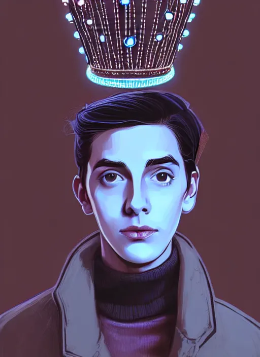 Image similar to portrait of teenage jughead jones wearing a light grey crown, crown, blue turtleneck, 1 9 5 0 s, closed eyes, photorealistic, black hair, glowing lighting, intricate, elegant, glowing lights, highly detailed, digital painting, artstation, concept art, smooth, sharp focus, illustration, art by wlop, mars ravelo and greg rutkowski