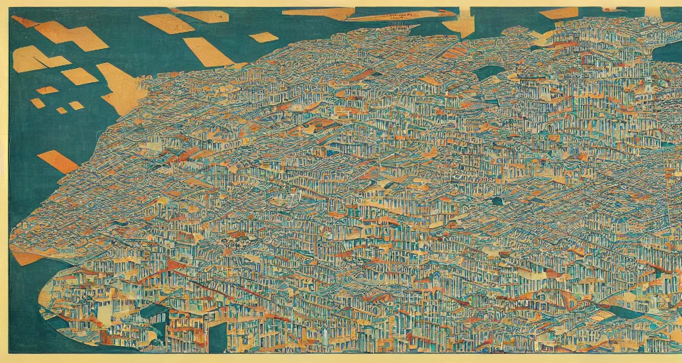 Prompt: 3 d isometric information map of a city island. time series charts, pie plots and other modern dashboards. diego rivera, egon schiele, ( ukiyo - e influence ). hyperdetailed.