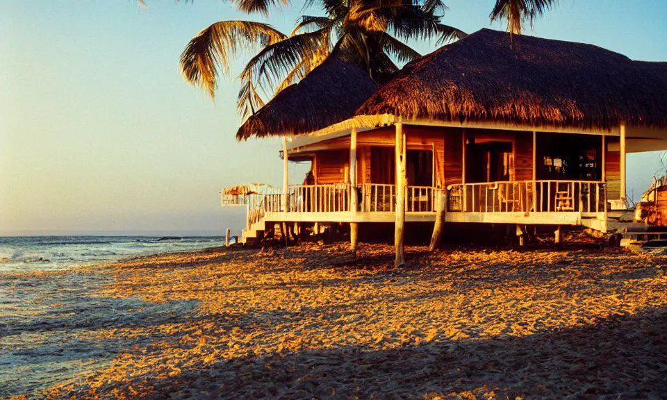 Image similar to 35mm film still, morning light over wood bungalow on the beach of a tropical island, vivid , color palette of gold