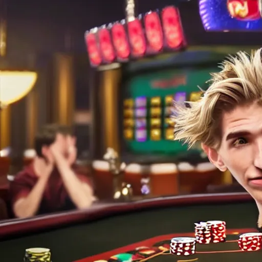 Image similar to film still of xqc gambling in Vegas, 4k, photorealism, artstation style