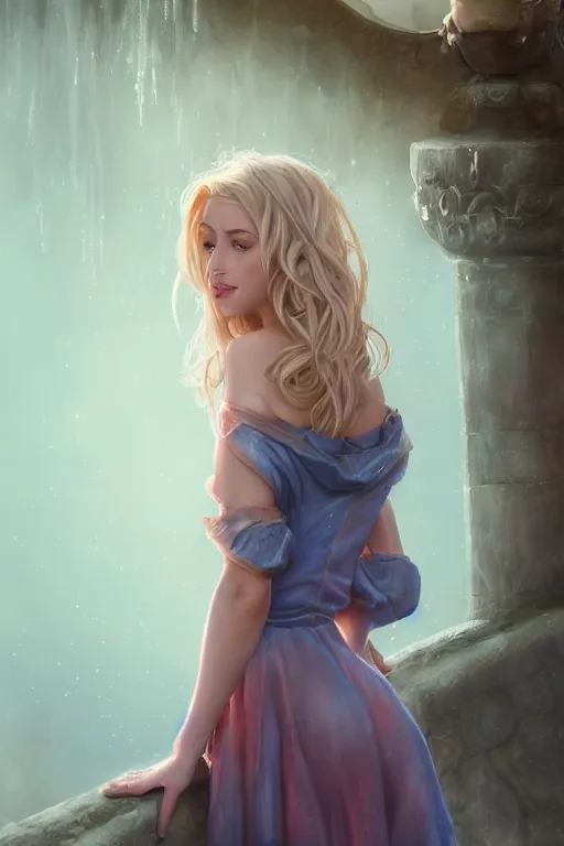 Image similar to an insanely detailed close up portrait of a beautiful blonde haired woman, blue dress, holding nikon camera, background is a fountain in the park, in the style of peter mohrbacher, artgerm, dramatic lighting and composition, pink fog background, octane render, trending on artstation, concept art 8 k