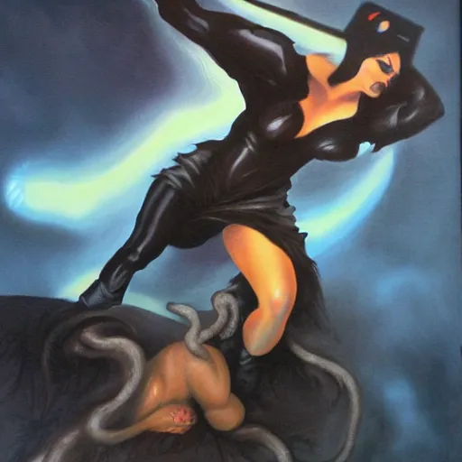 Prompt: I felt that I was a blade!! It was spooky! I enveloped the black! hole! inspired by Paper Tiger and Boris Vallejo