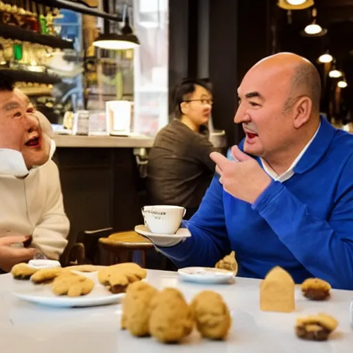 Prompt: Chinese Kevin O'leary talking with cookie monster, in a café