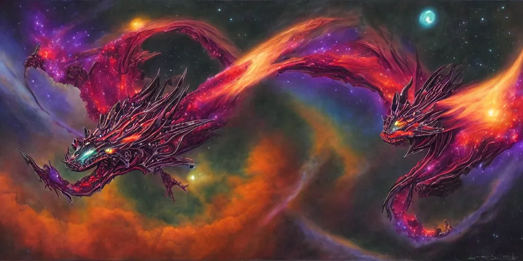 Prompt: a bioluminescent dragon flying in outer space, red and purple nebula, Dan Seagrave art