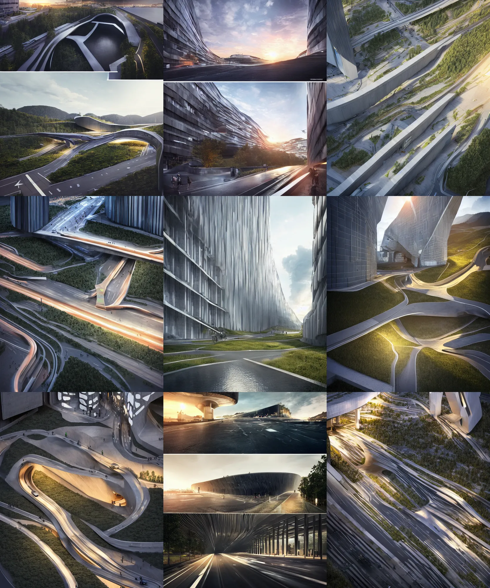 Image similar to denis villeneuve establishing shot of modern bjarke ingels condo building and gotthard tunnel entrance combined, roads tunnel under bjarke ingels condo building, lush environment, water, sunset raked lighting, scifi artstation digital concept art, unreal engine, hyper realism, wide shot