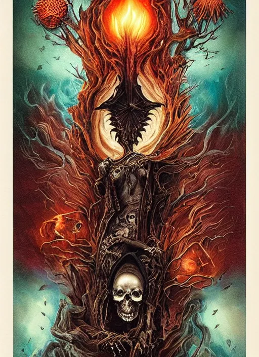 Image similar to queen of heats death tarot card, highly detailed, half skull face, cinematic, 8 k, bymegan duncanson, benjamin lacombe, naoto hattori, adrian borda, giger, trending on deviantart, hyper detailed, horror, full of colour