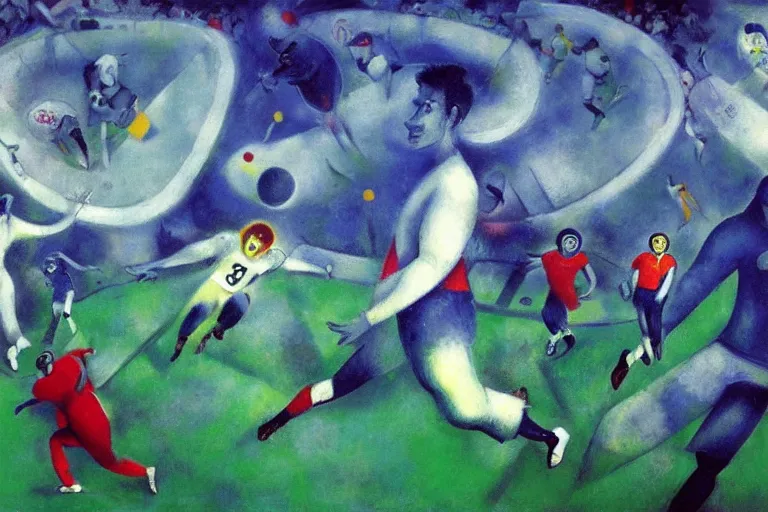 Image similar to ! dream a futuristic football game, painting by chagall, trending on artstation