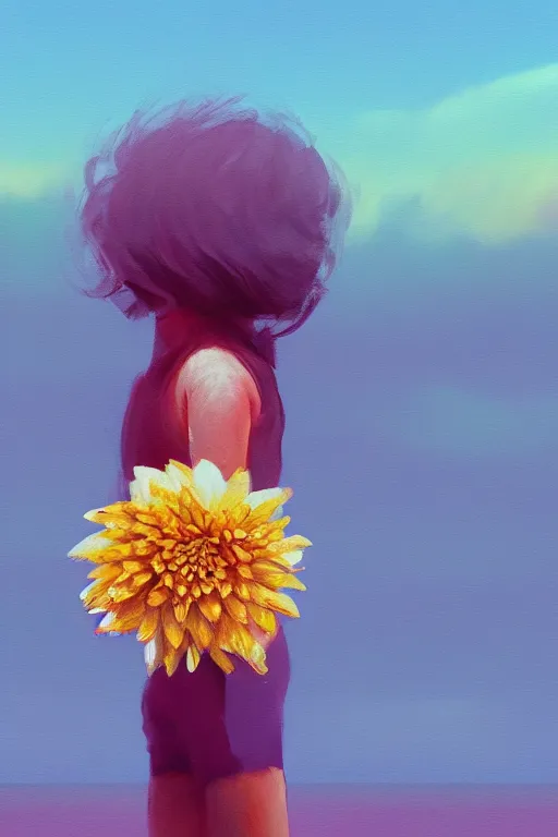 Image similar to closeup giant dahlia flower head, girl standing on beach, surreal photography, blue sky, sunrise, dramatic light, impressionist painting, digital painting, artstation, simon stalenhag