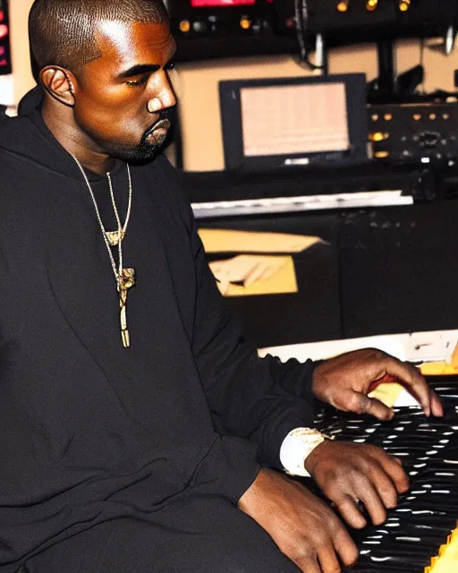 Image similar to a leaked photo of Kanye West wearing all black clothes on a music studio working on his new album, snapchat, iphone, bad lighting in the studio