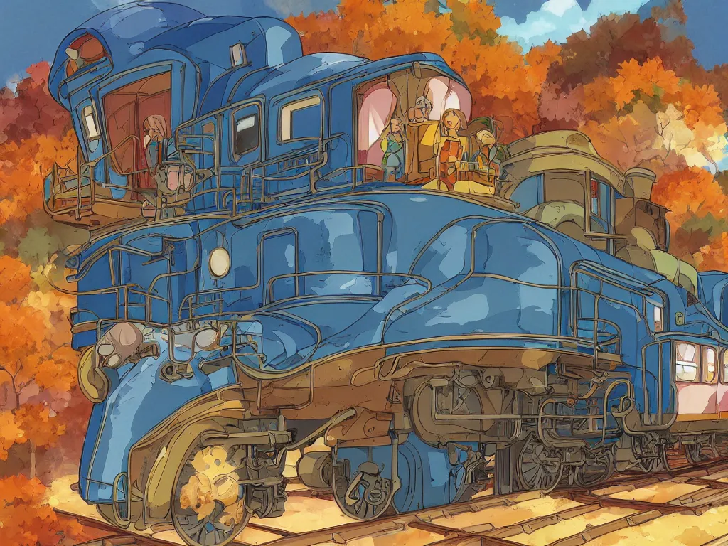 Image similar to cross - section close - up sideview of a anime train, autumn light, colorful, nausicaa of the valley of the wind, beautiful, by studio ghibli, digital art, concept art, manga, cute and adorable, illustration