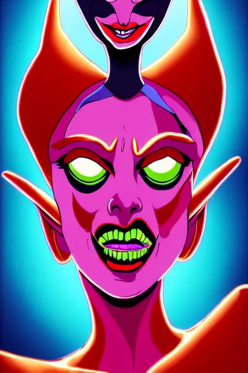 Image similar to lady gaga as queen toxique, an alien supervillainess with mutagenic powers, glowing energy effects, full color digital painting in the style of don bluth, jamie hewlett, artgerm, artstation trending, 8 0 s vibes