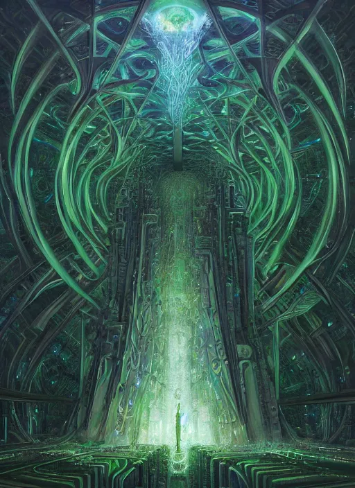 Image similar to a quantum computer, geometric crystal wiring, emerald circuits, highly advanced technology surrounded by a dark cabal of multiple hooded elven mystics in long dark robes gathered in a circular formation, dan seagrave art, michael whelan, artstation, cgsociety