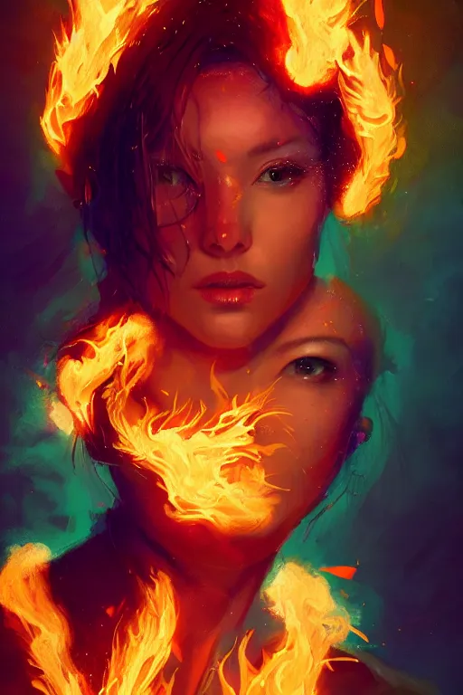 Image similar to A fancy portrait of an attractive women wearing colourful flames by Greg Rutkowski, beeple, Sung Choi, Mitchell Mohrhauser, Maciej Kuciara, Johnson Ting, Maxim Verehin, Peter Konig, final fantasy, macro lens , 8k photorealistic, cinematic lighting, HD, high details, dramatic, dark atmosphere, trending on artstation