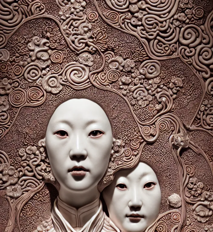 Prompt: Monster, A Close up photo-real delicate ceramic porcelain sculpture of a symmetrical ornate detailed in front of an intricate background by Victo Ngai and takato yamamoto, micro detail, backlit lighting, face in focus, subsurface scattering, translucent, thin porcelain, octane renderer, colorful, physically based rendering, japanese pottery, trending on cgsociety