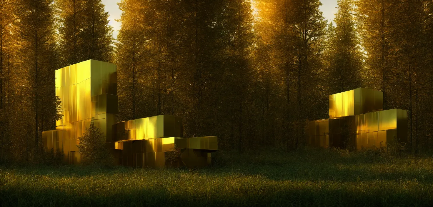 Prompt: futuristic shinny golden building in an forest landscape of a biopunk city by taras shevchenko and wlop, movie poster, golden ratio, evening lighting, film still, realistic, octane render redshift arnold materials unreal engine, 8 k post production, hyper detailed