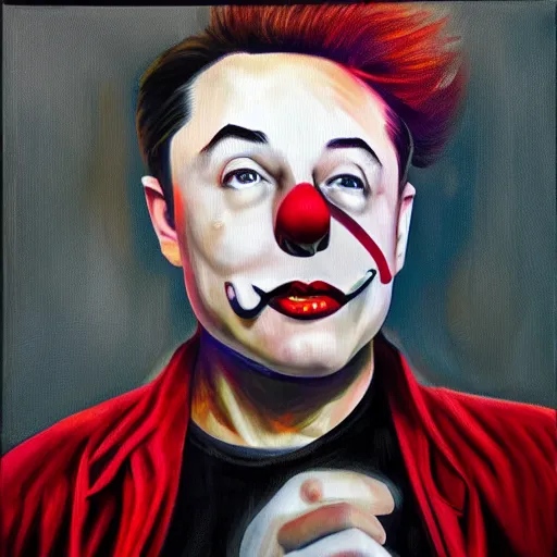 Prompt: oil canvas of elon musk as sad clown