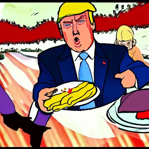 Image similar to donald trump feeding the homeless in the style of studio ghibli