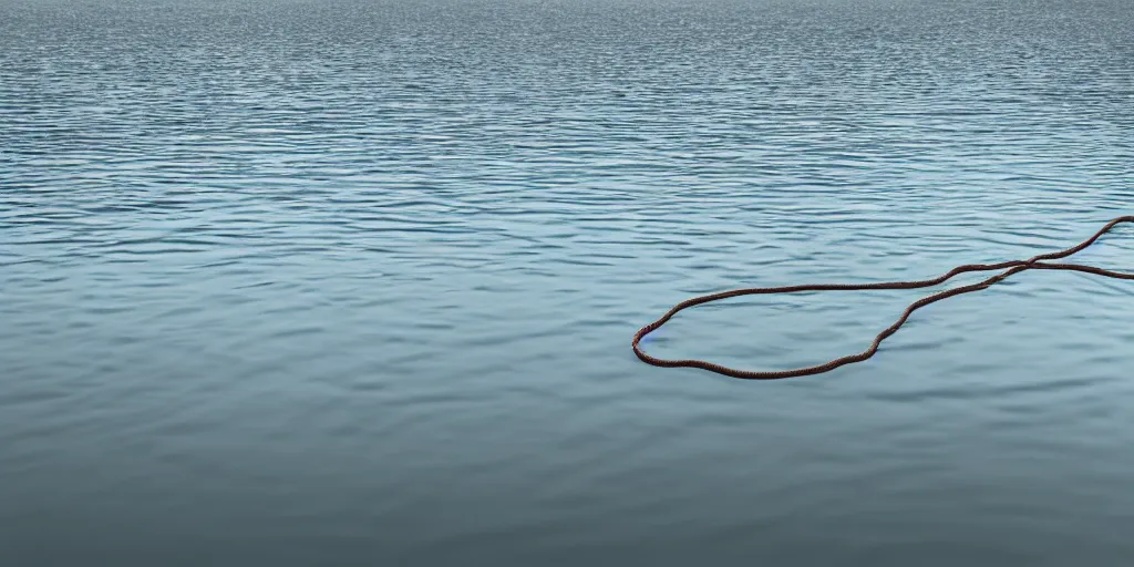 Image similar to centered photograph of a long rope zig zagging across the surface of the water, floating submerged rope stretching out towards the center of the lake, a dark lake on a cloudy day, color film, trees in the background, hyperedetailed photo, moody volumetric, anamorphic lens