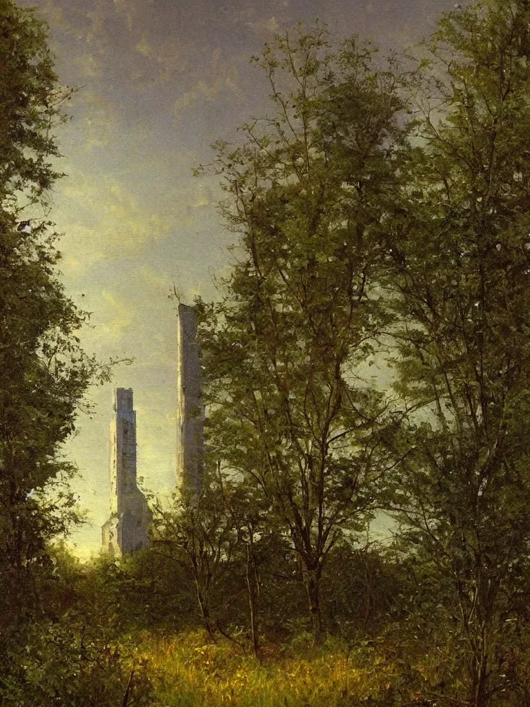 Image similar to Painting of the abandoned wizard\'s tower in the overgrown garden. Unknown Hudson River School artist.