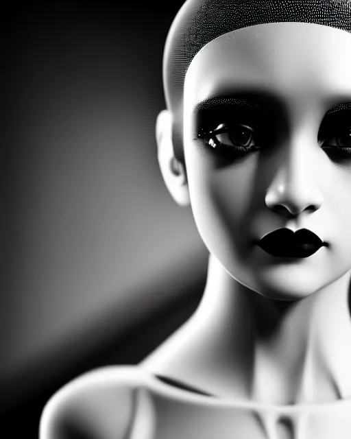 Image similar to black and white dreamy young beautiful female artificial intelligence, metropolis, cinematic, rim light, bokeh, photo - realistic, elegant, high detail, 8 k, masterpiece, photo taken in 1 9 3 0