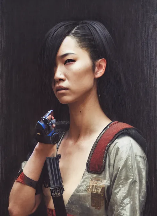 Image similar to Nikki Tanaka. female Cyberpunk samurai (blade runner 2049, cyberpunk 2077). Orientalist portrait by john william waterhouse and James Gurney and Theodore Ralli and Nasreddine Dinet, oil on canvas. Cinematic, hyper realism, realistic proportions, dramatic lighting, high detail 4k