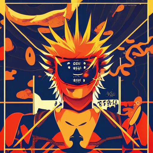 Image similar to Album Art for Playboi Carti in Naruto Universe, Ninja Scrolls, Vector art, Geometric 3d shapes, Gang, Guns, Blood, red smoke, by Sachin Teng, Trending on artstation