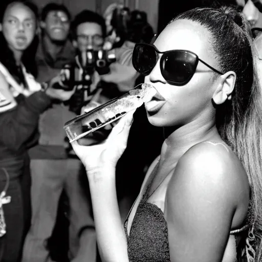 Image similar to real life paparazzi photo of Beyoncé drinking actual lemonade, 35mm film camera