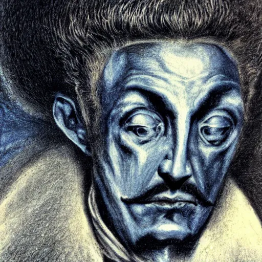 Prompt: Close-up of the angry man, pencil drawing. El Greco, Remedios Varo, Salvador Dali, Carl Gustav Carus, John Atkinson Grimshaw. Blue tint. Symetrical, logo, geometric shapes.