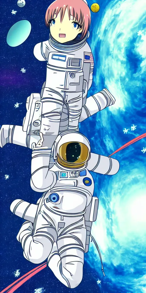 Image similar to anime female astronaut floating through space, liminal, lonely, highly detailed