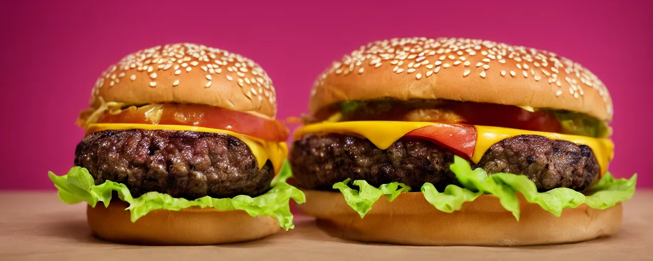 Prompt: juicy burger from a fast food restaurant, depth of field, food photography, isometric, tasty, mcdonalds, wide shot, studio, bokeh, gmaster, cooking, food, kodak, sony, canon