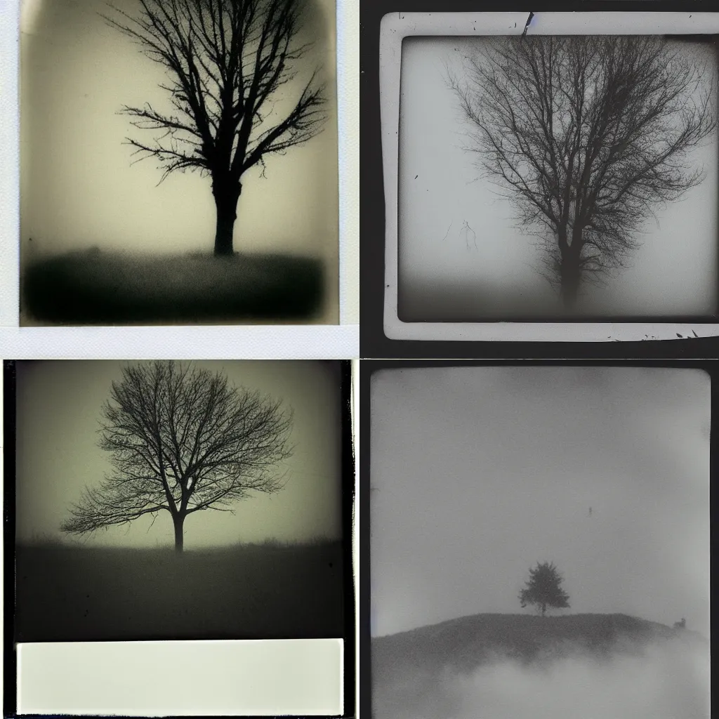 Prompt: tree on a hill, flock of birds in the sky, liminal space, fog, black and white polaroid, dust, stains, static, noise, yellowed