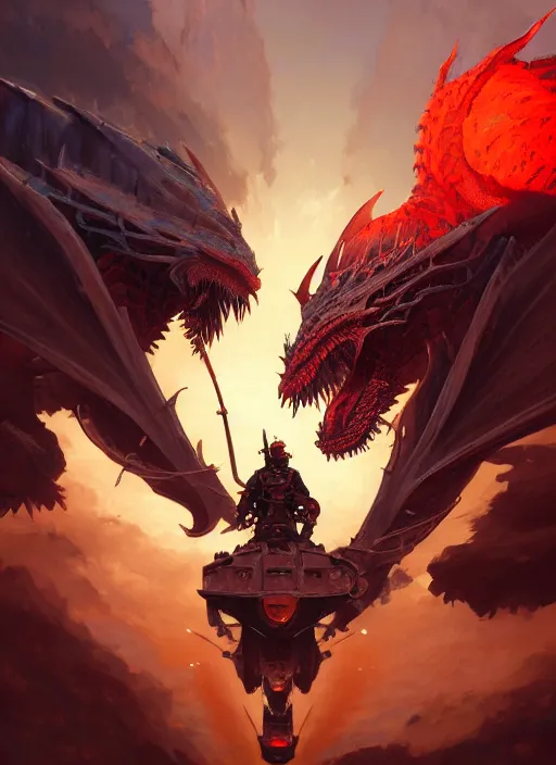 Image similar to highly detailed portrait of a knight tank fighting a red dragon, raytracing, fantasy art by by simon bisley, loish, rhads, ferdinand knab, makoto shinkai and lois van baarle, ilya kuvshinov, rossdraws, tom bagshaw, global illumination, radiant light, detailed and intricate environment