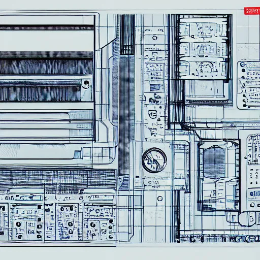 Image similar to a very detailed technically accurate blueprint of futuristic machinery, highly detailed